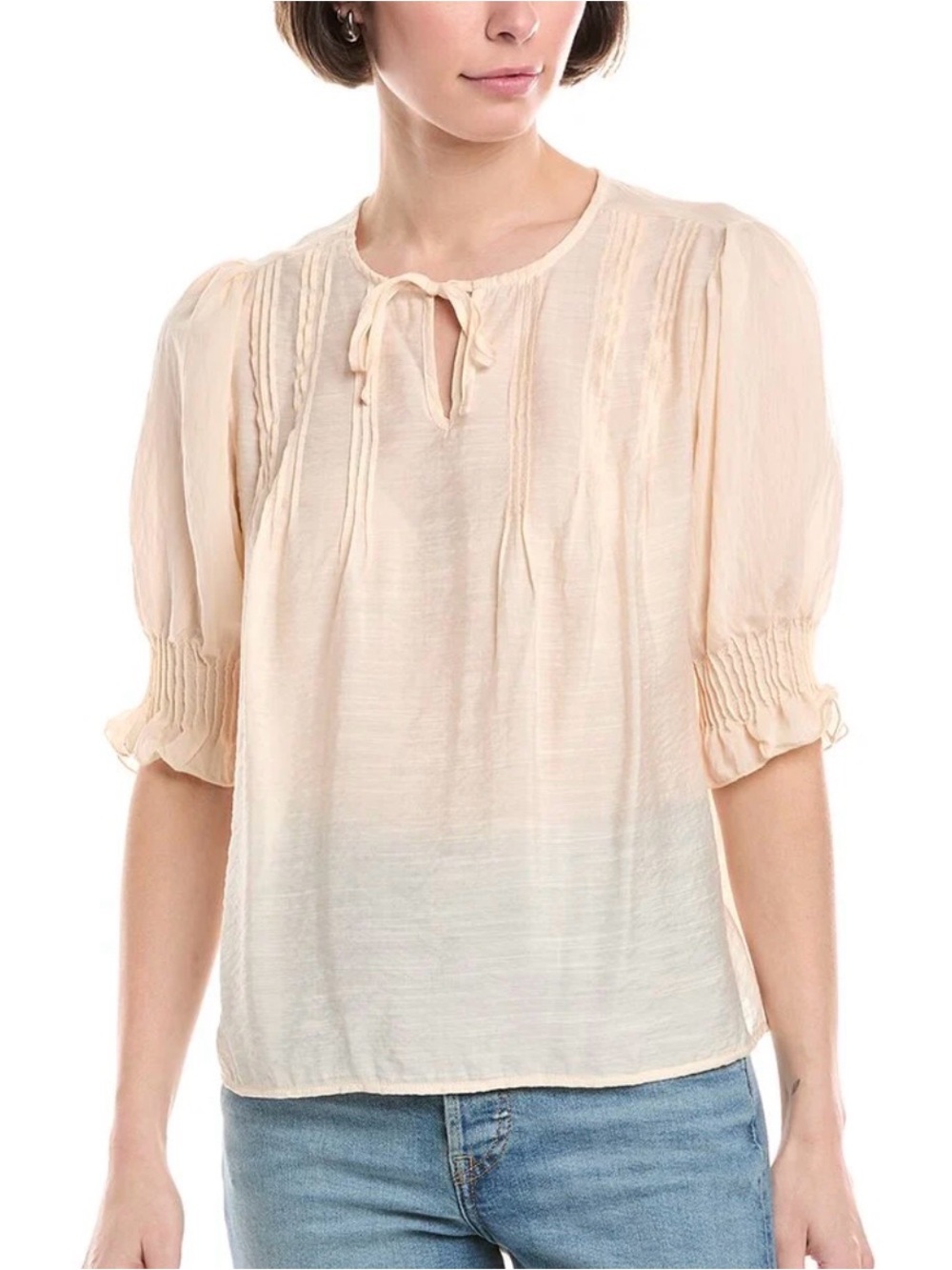Sam Edelman Cream Pintuck Tie-Neck Peasant Boho Bohemian Top Blouse Women’s New
